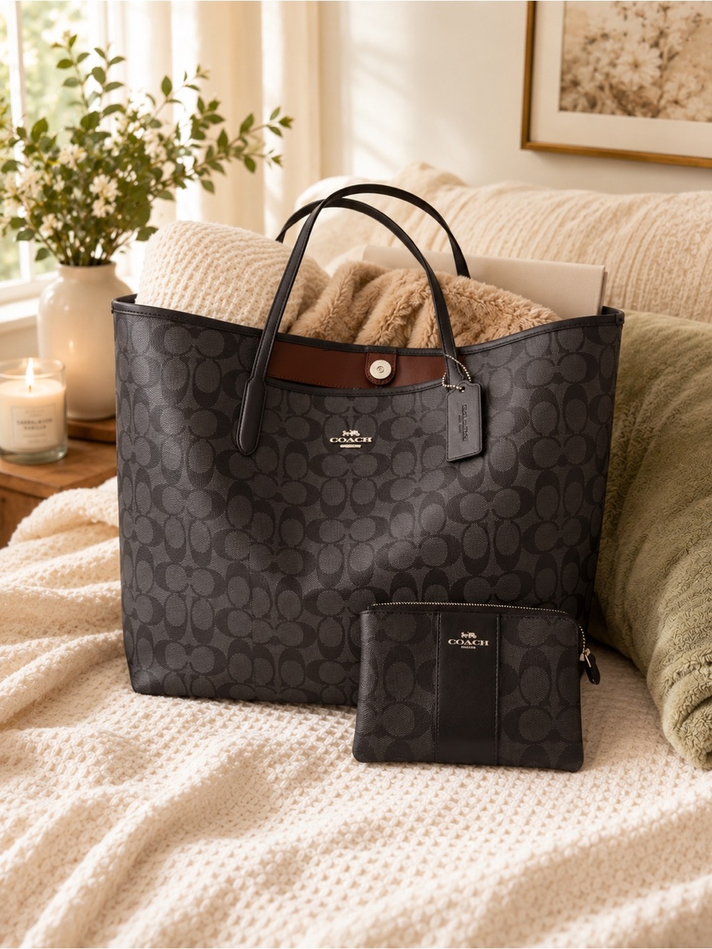 Coach Signature City Tote w/ Matching Wristlet Black Charcoal Monogram Burgundy